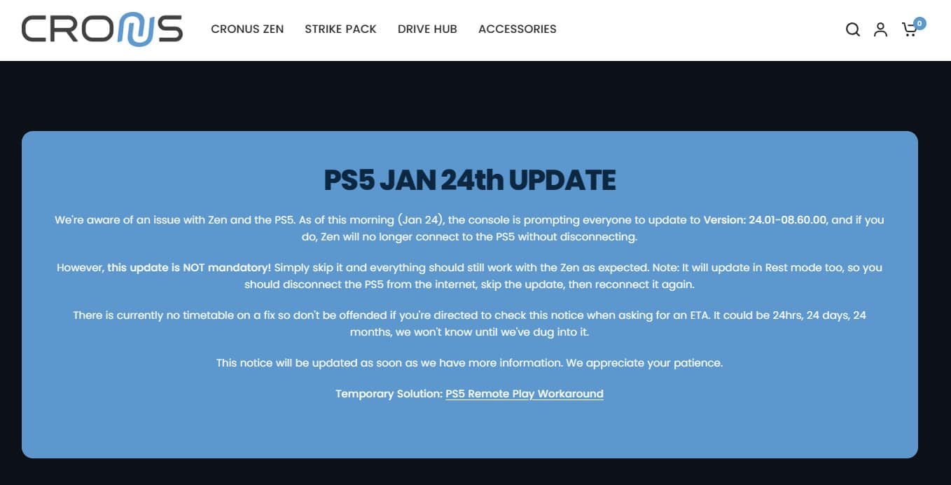 PS5 System Software Update Cronus Disabled