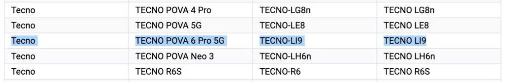 TECNO POVA 6 Pro 5G Google Play Supported Devices List 1024x167