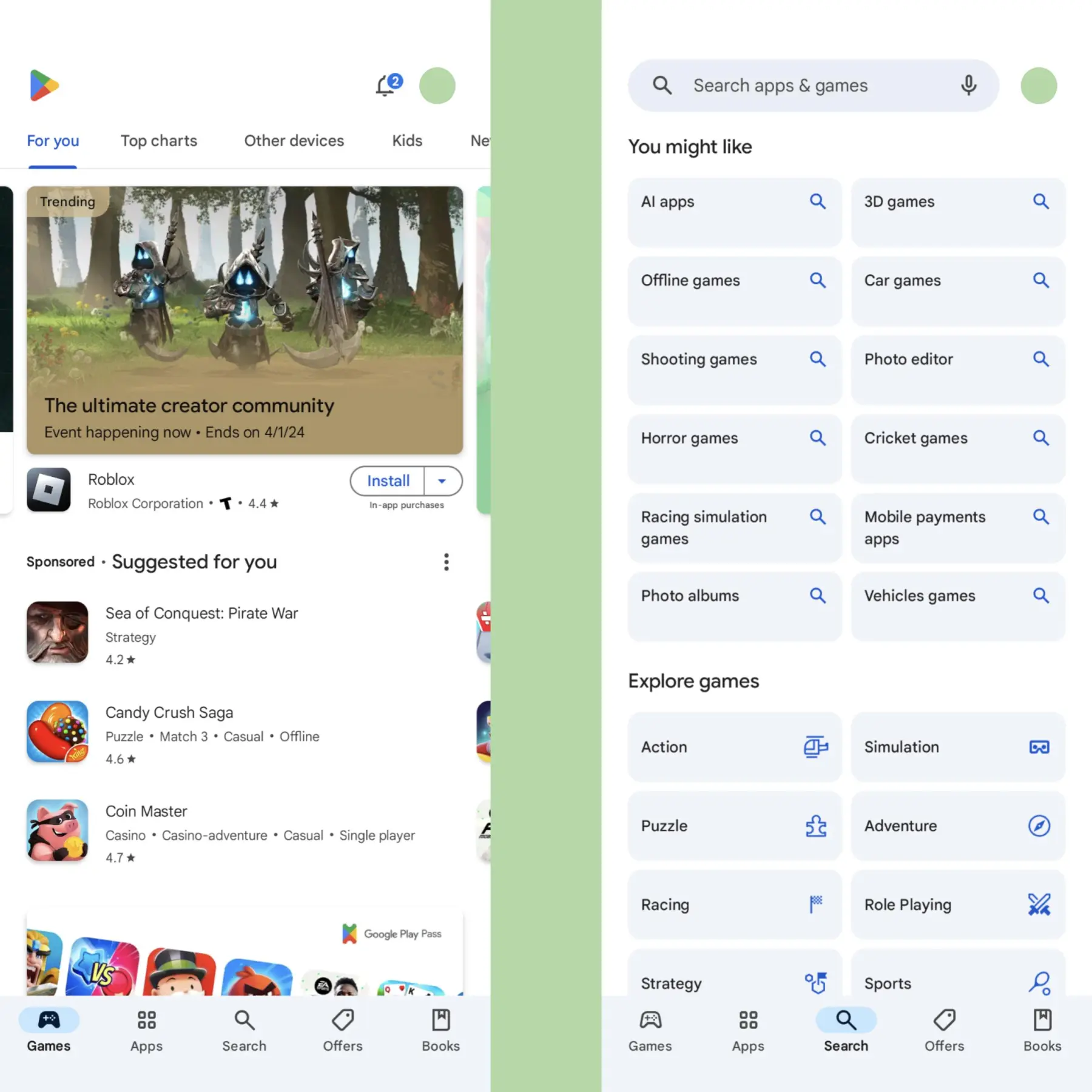 Google Play Store New Search tab