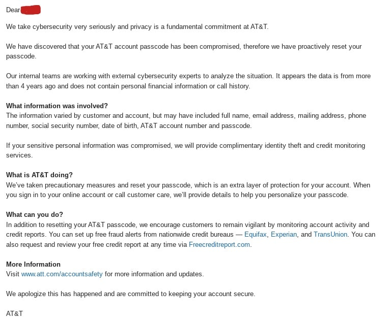 ATT data breach confirmation email