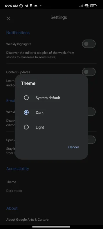 Google Arts and Culture app dark theme