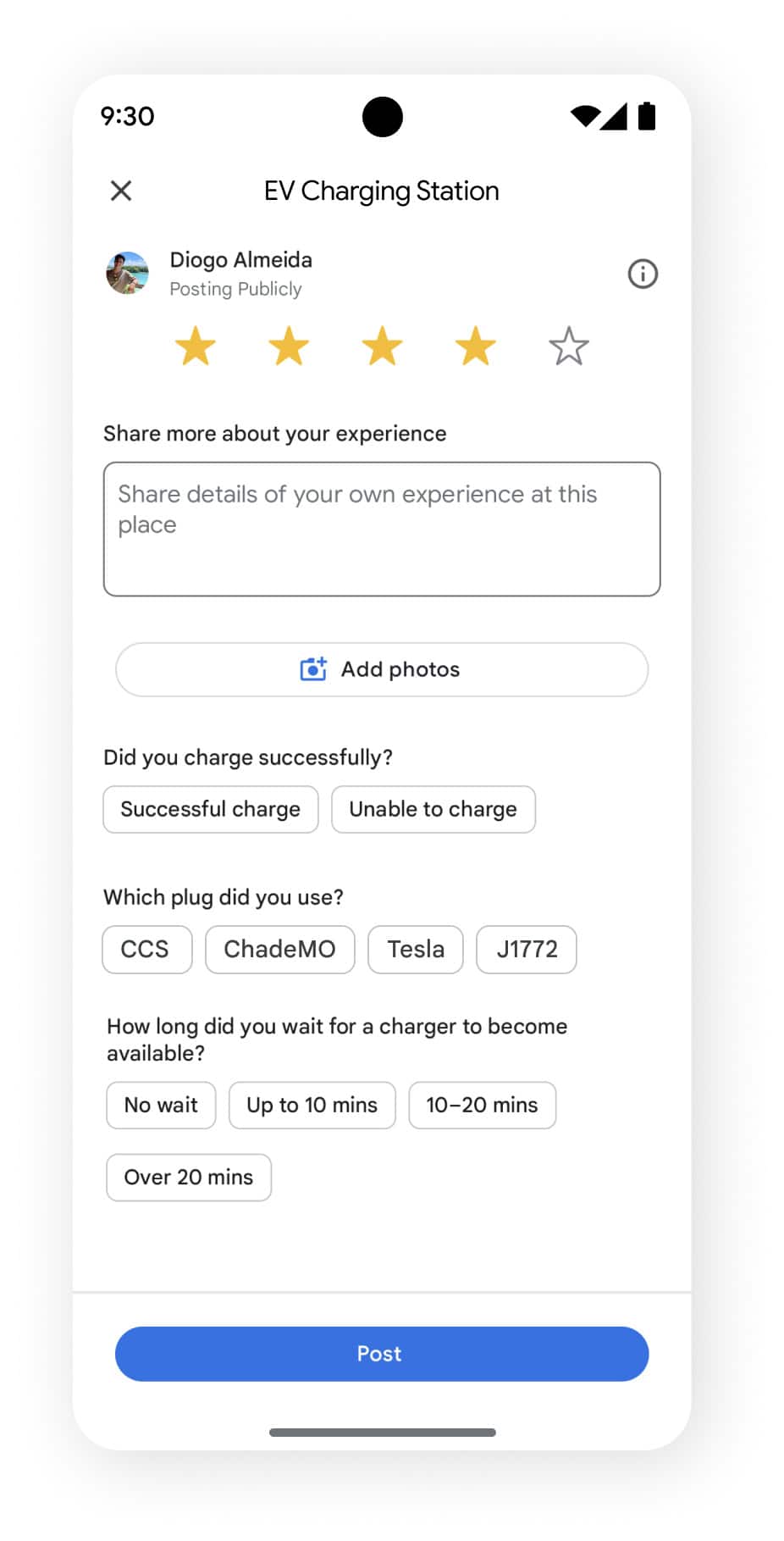 Google Maps charging station reviews