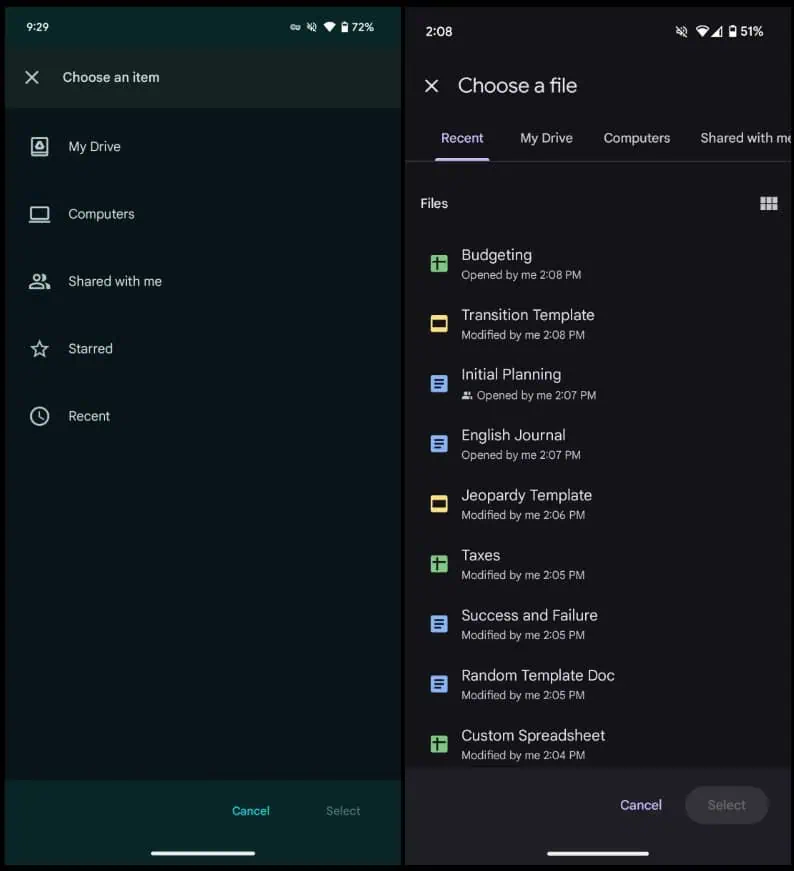 Old vs new Google Drive file picker