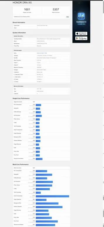 HONOR MagicBook Pro 16 Geekbench CPU