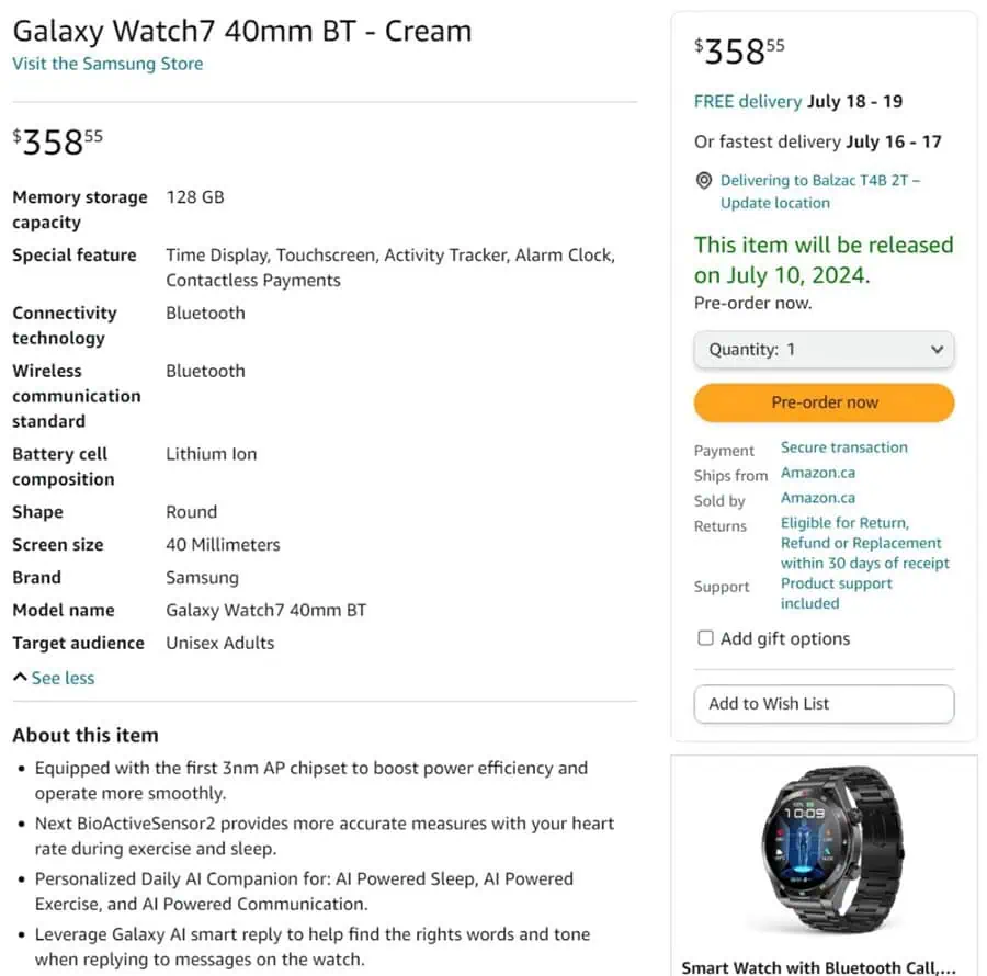 Samsung Galaxy Watch 7 Amazon Canada leak price specs 3nm AI chip
