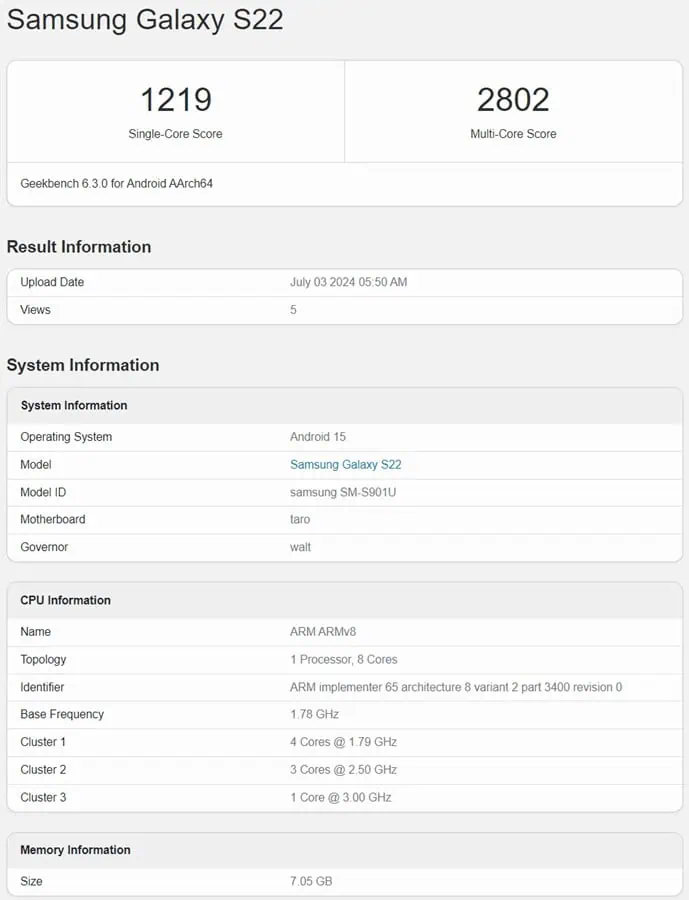 Samsung Galaxy S22 Android 15 Geekbench