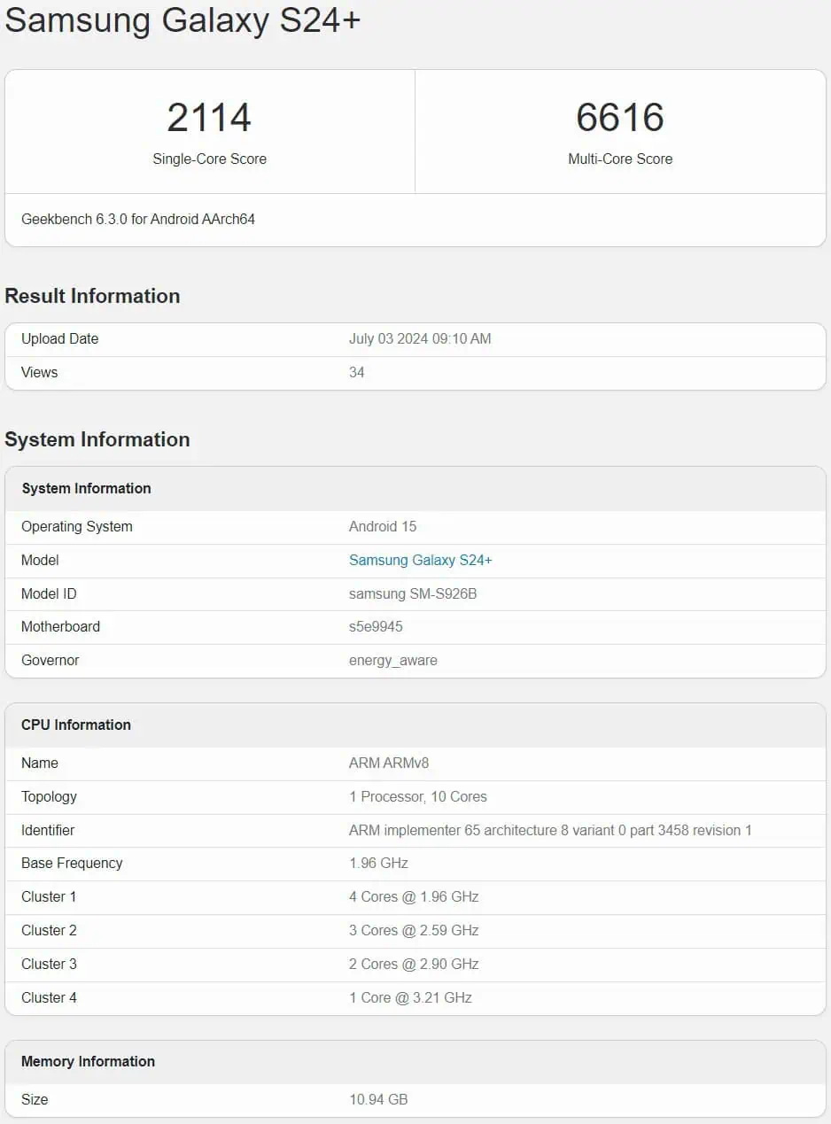 Samsung Galaxy S24 Android 15 One UI 7 testing Geekbench