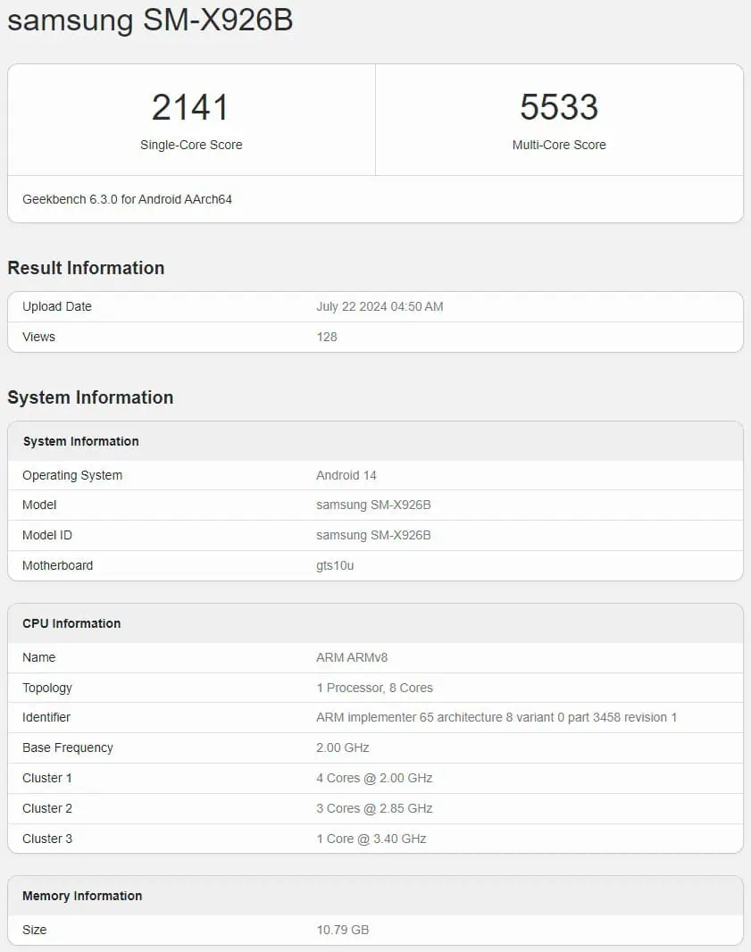 Samsung Galaxy Tab S10 Ultra MediaTek Dimesity 9300 Plus Geekbench