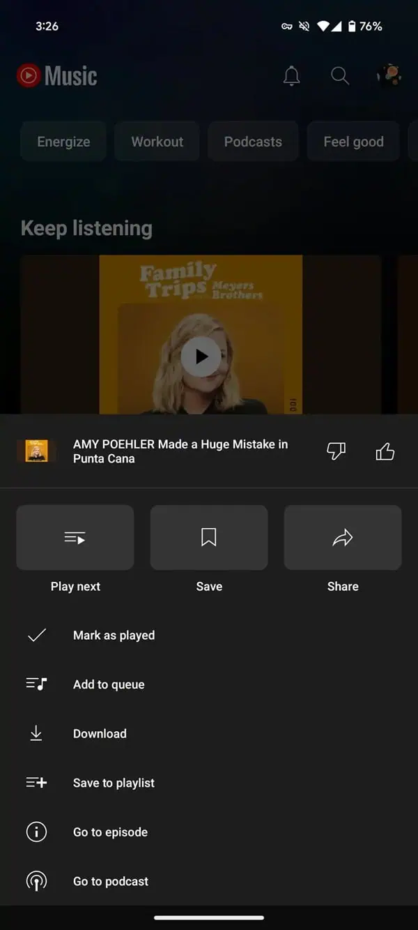 YouTubew Music podcasts mark as played