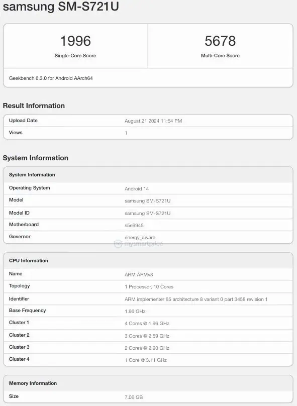 Galaxy S24 FE US Geekbench