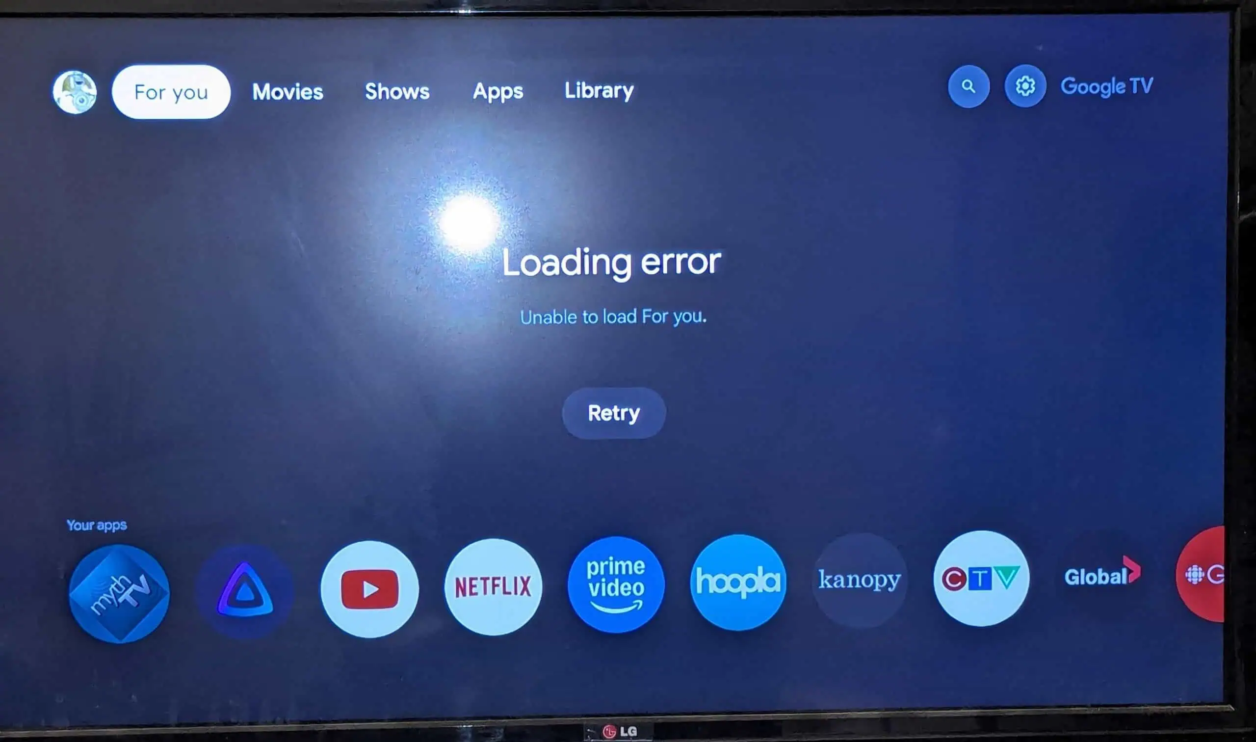 Google TV homescreen loading error