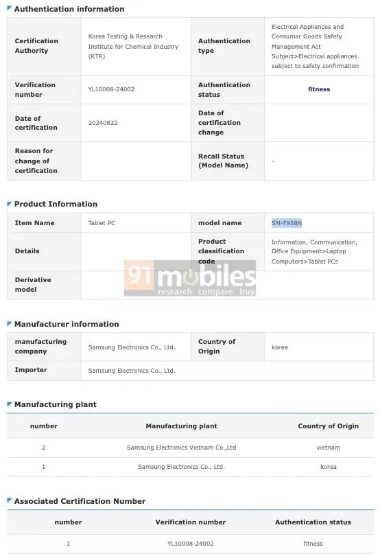 Samsung Galaxy Z Fold 6 Slim certification