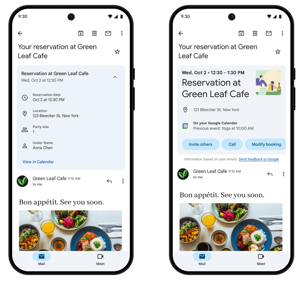 Gmail event summary card before and after
