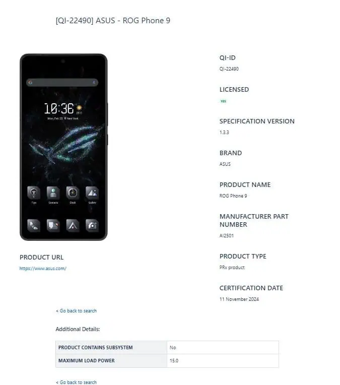 ASUS ROG Phone 9 WPC listing