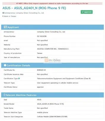 ASUS ROG Phone 9 FE Thailand NBTC certification