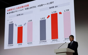 中間決算の背景を説明するトヨタ自動車の宮崎洋一副社長=2024年11月6日午後2時9分、東京都渋谷区、小林正明撮影