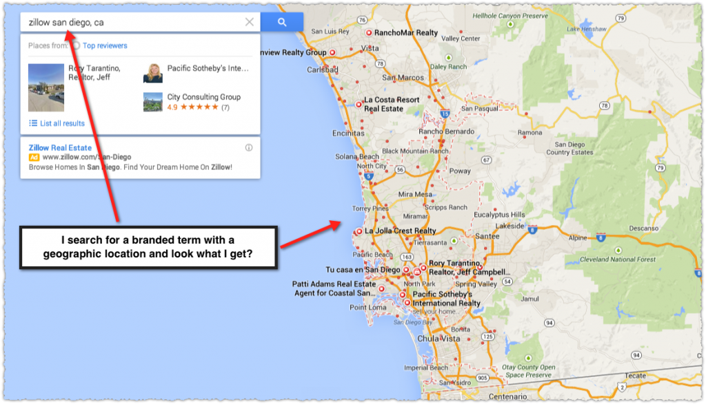 Google Maps Result for Zillow San Diego CA