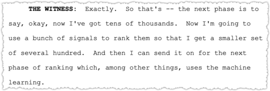 Pandu Nayak testimony about reducing the set to a manageable number for machine learning