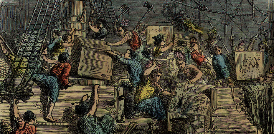 Engraving of Bostonians deconstruction the tea in the Boston Harbor