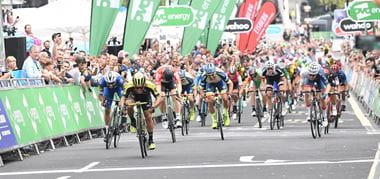 Racing cyclists, bunch finish, sprinting towards camera