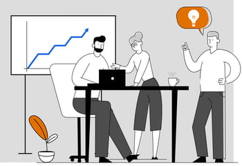 Illustration of a man working on a notebook computer, sat at a desk in front of a chart, discussing an idea with two colleagues in an office environment