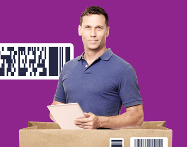 A man holding a pad with a barcode icon