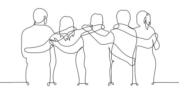 Line drawing of a group of people in a line with arms around each other