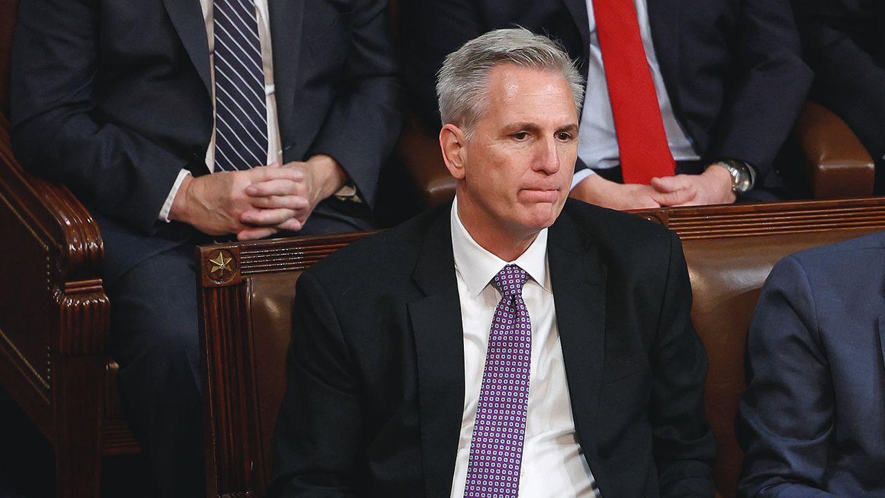 WASHINGTON, DC - JANUARY 04: U.S. House Republican Leader Kevin McCarthy (R-CA) listens in the House Chamber during the second day of elections for Speaker of the House at the U.S. Capitol Building on January 04, 2023 in Washington, DC. The House of Representatives is meeting to vote for the next Speaker after House Republican Leader Kevin McCarthy (R-CA) failed to earn more than 218 votes on three separate Tuesday ballots, the first time in 100 years that the Speaker was not elected on the first ballot. (Photo by Anna Moneymaker/Getty Images)