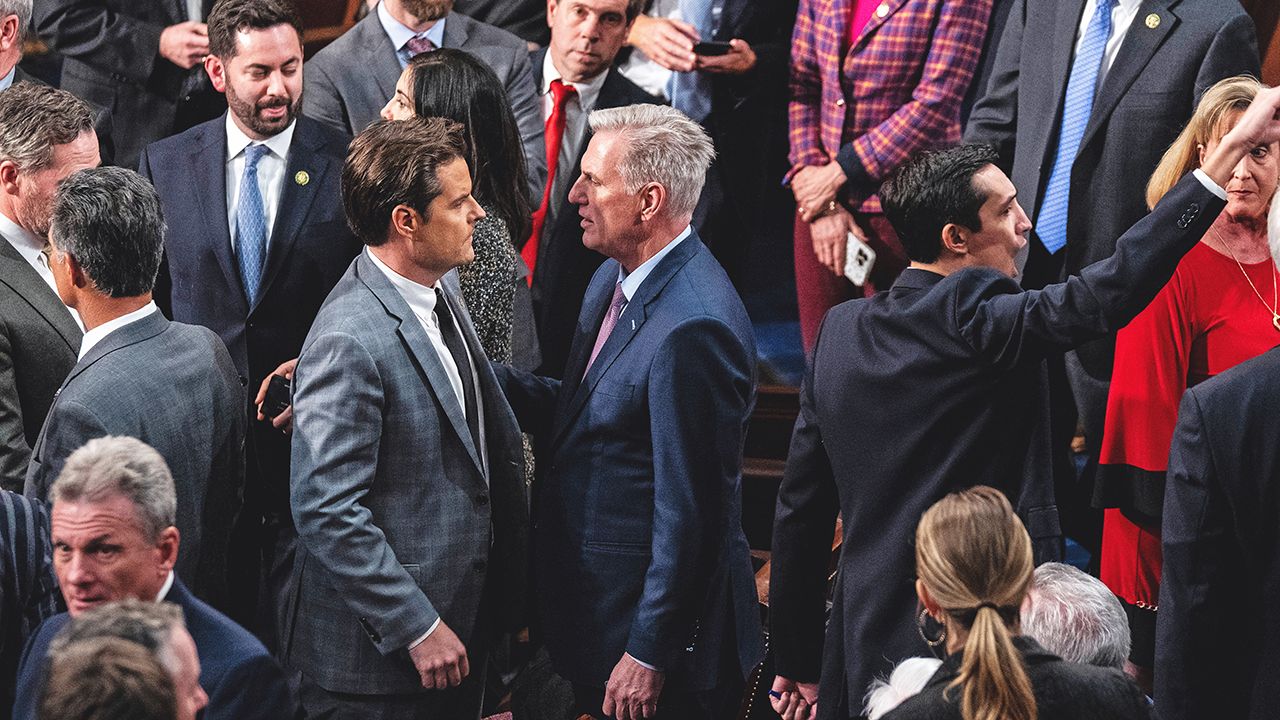 Rep. Matt Gaetz (R-Fla.) and Rep. Kevin McCarthy (R-Calif.) confer after the House's 14th vote to select a speaker, at the Capitol in Washington, late on Friday, Jan. 6, 2023. McCarthy already had to work with a tiny majority and an emboldened right flank. Concessions he made to win his speakership gave the rebels more tools to sow disarray. (Haiyun Jiang/The New York Times)Credit: New York Times / Redux / eyevineFor further information please contact eyevinetel: +44 (0) 20 8709 8709e-mail: info@eyevine.comwww.eyevine.com