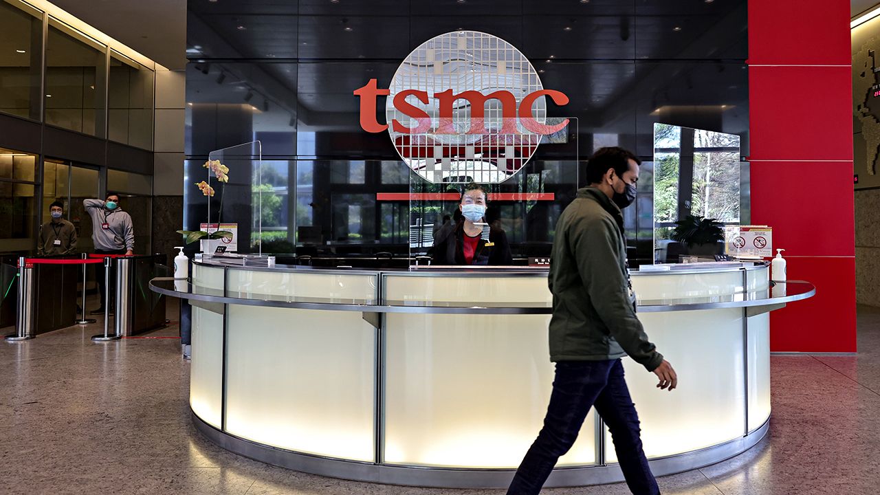 A staff walks in the lobby of the headquarter of Taiwan Semiconductor Manufacturing Co Ltd (TSMC) in Hsinchu, Taiwan, February 16, 2023