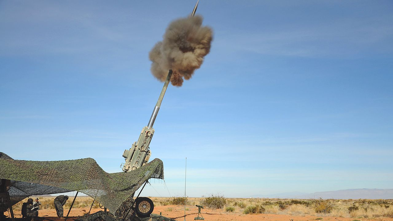 A M777 Howitzer fires rounds of M982 Excalibur 155mm shells