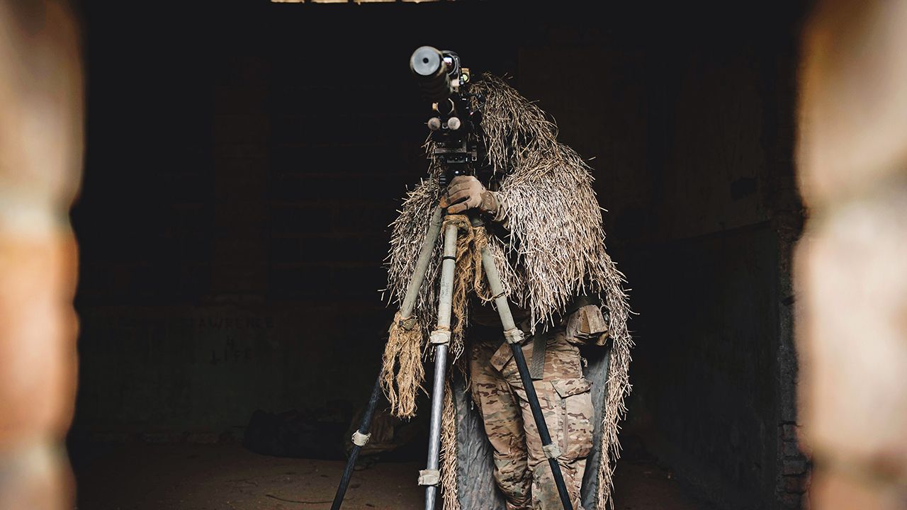 A sniper from the 2nd Battalion The Yorkshire Regiment testing out the new urban ghillie sut