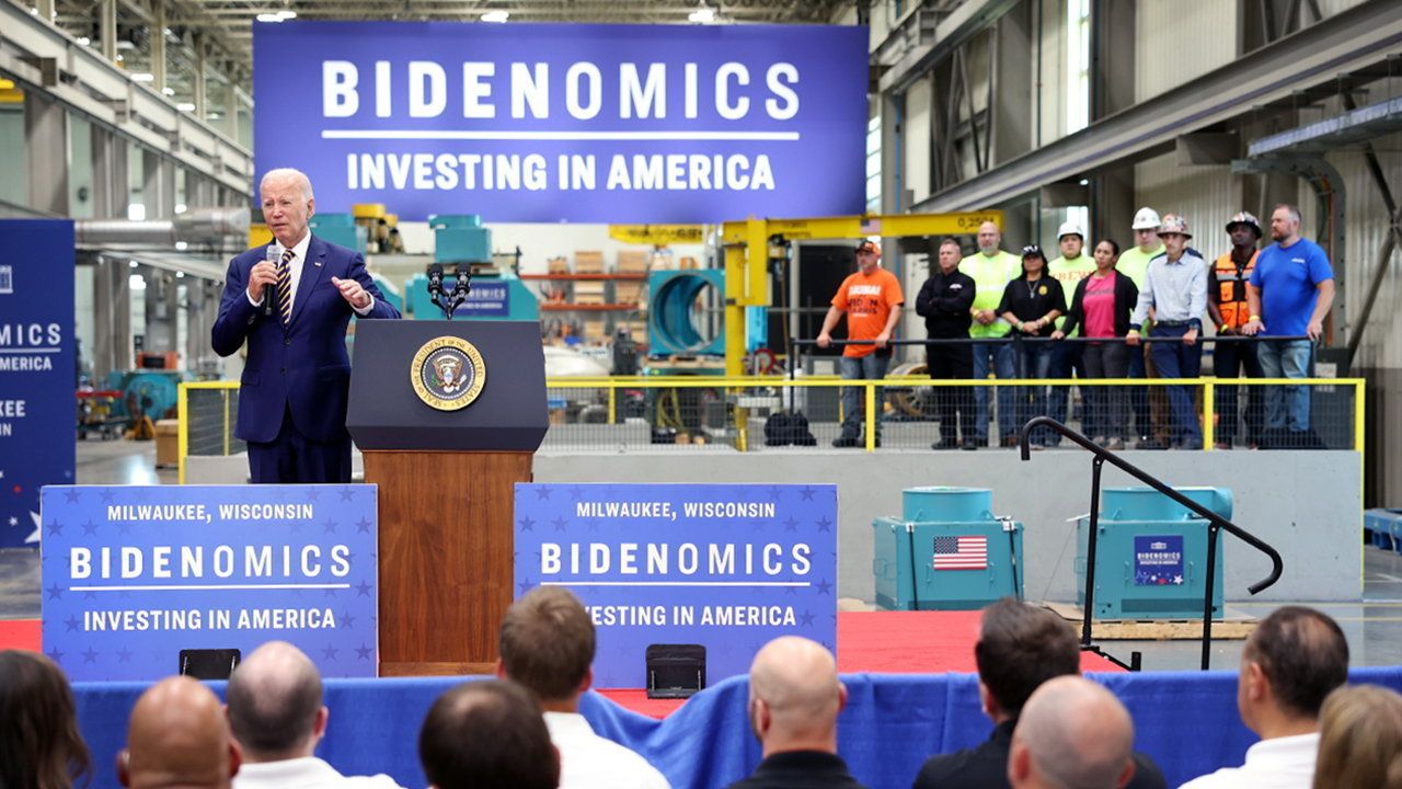 President Biden speaks to an audience, at electrical equipment manufacturer Ingeteam Inc., about Bidenomics. 