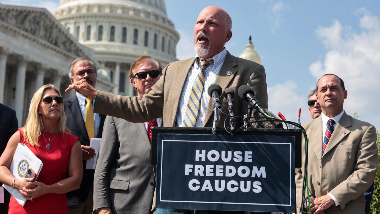 Chip Roy addresses a Freedom Caucus news conference outside the Capitol in Washington, USA.