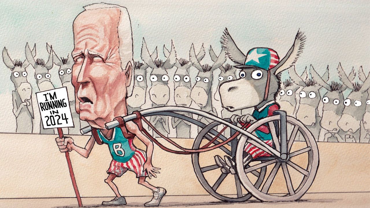 Joe Biden pulling a harness race cart which is being driven by a donkey