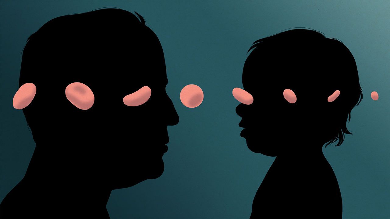 Silhouette of an old man and a baby facing one other, with a line of cells connecting them.