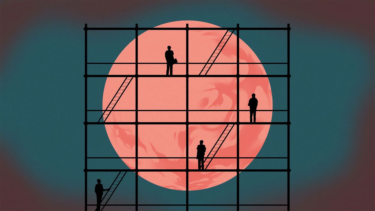 Small silhouettes of workers on scaffolding. Behind them is a large moon-like cell.  