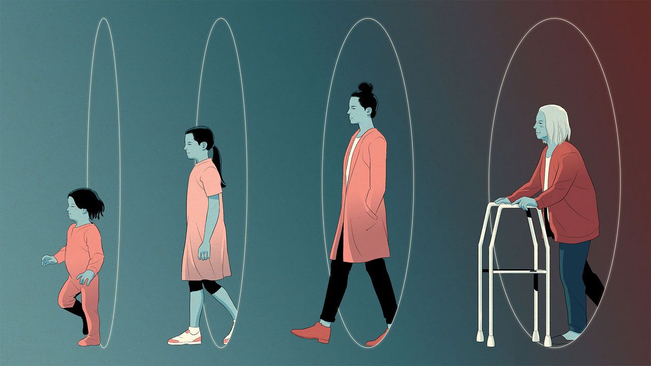 A woman walking through four circles demonstrating distinct stages of her life. 