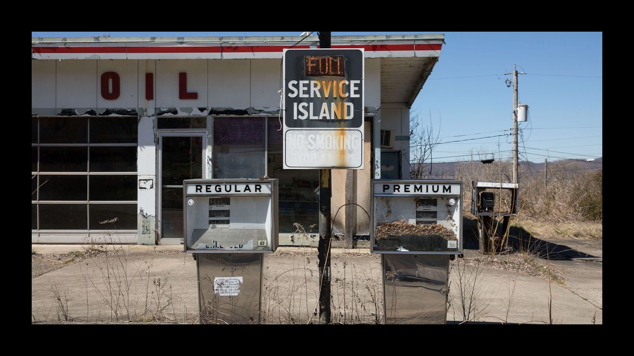 Rusty, closed gas station in Portsmouth, Ohio