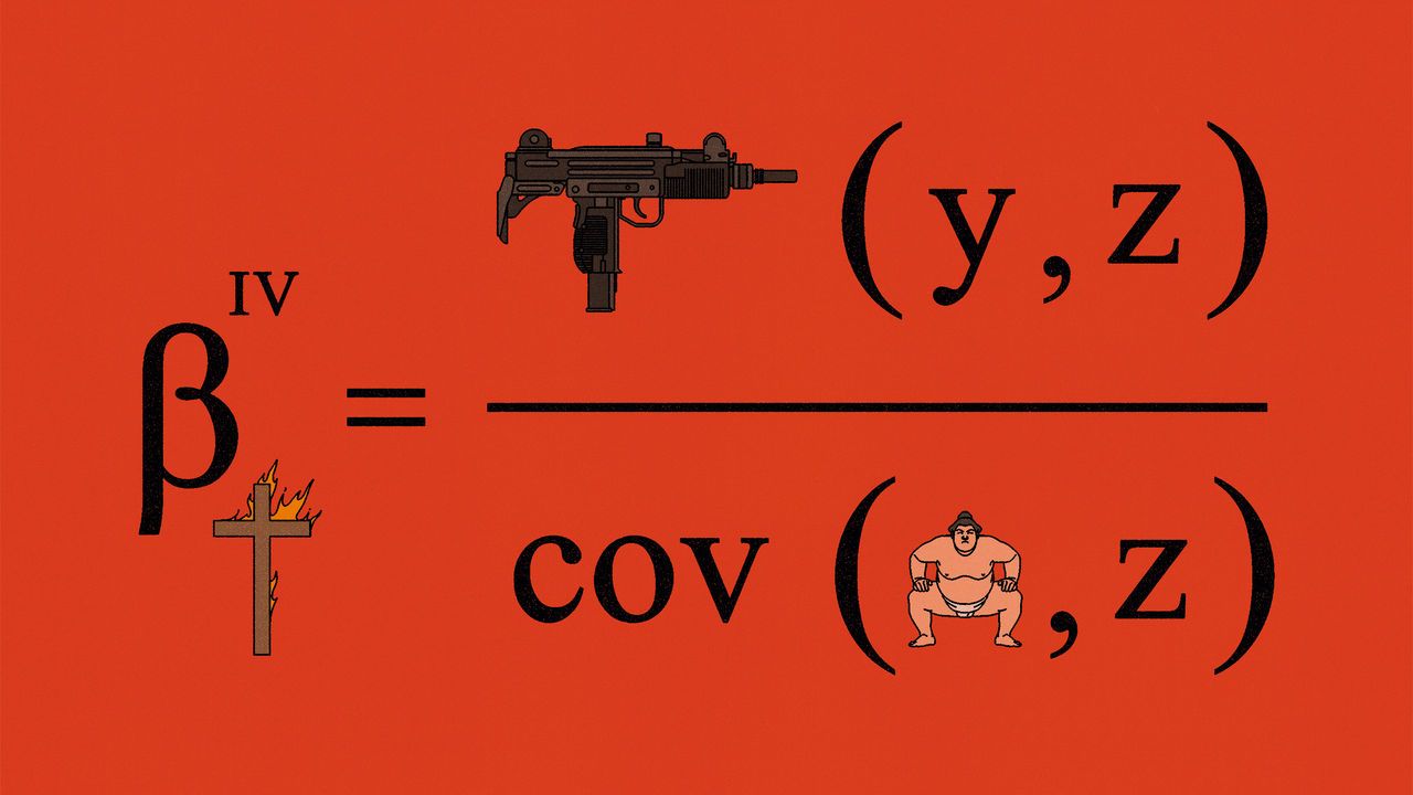 Illustration of a maths equation featuring a gun, a burning cross and a sumo wrestler