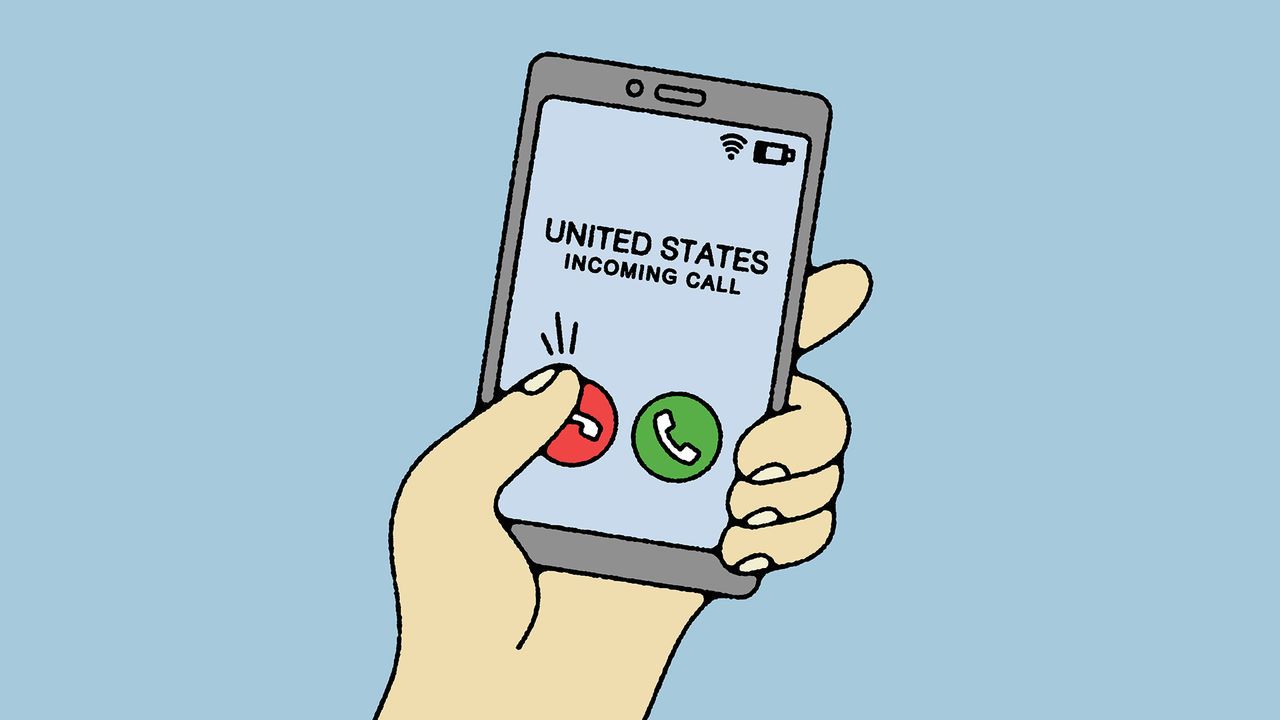 Illustration of a hand holding a phone with an incoming call from the United States. The hand is aiming to reject the call.