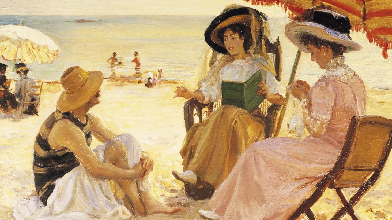 “La Plage” by Alfred-Victor Fournier, circa 1900. A painting of people sitting on a beach, chatting under a parasol.