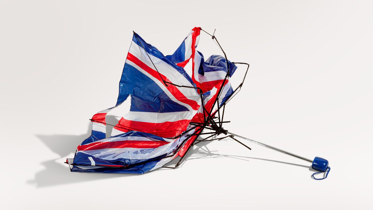 A broken umbrella with the Union Jack on it.