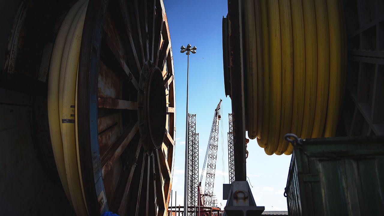 Giant reels of cable which are laid at sea for offshore energy projects, are held at the Port of Blyth.