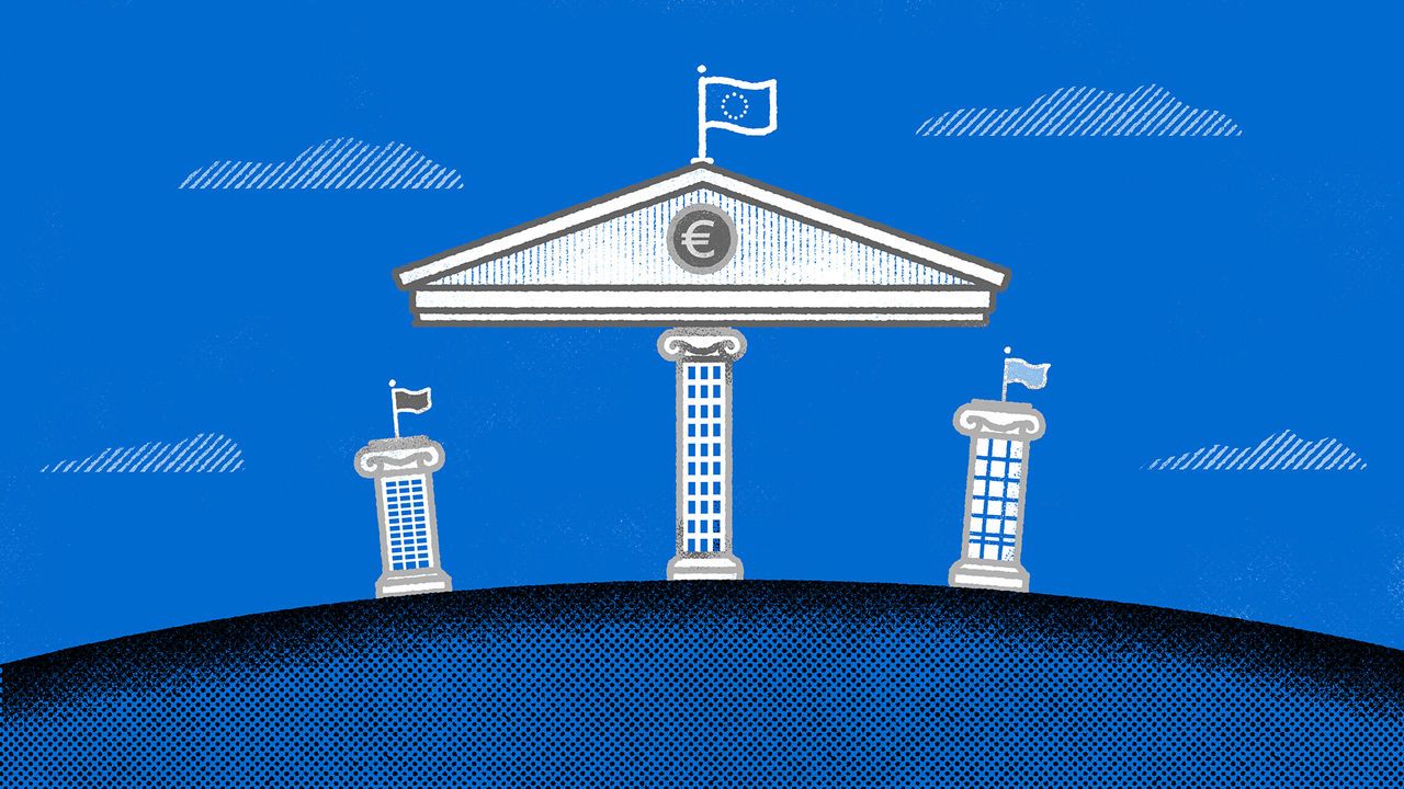 An illustration of a classical-style building with a pediment held up only by one large central column. It has a Euro on the front and is flying a European flag. On either side is a smaller column with a flag on top.