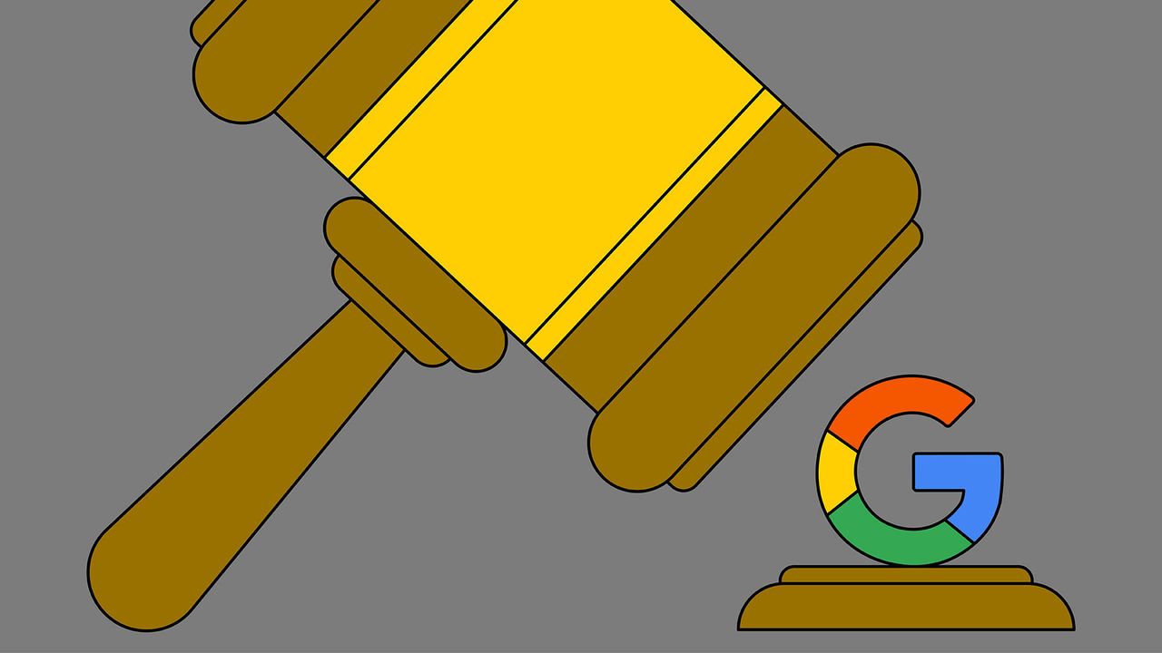 The illustration depicts a large judge's gavel about to hit the Google logo