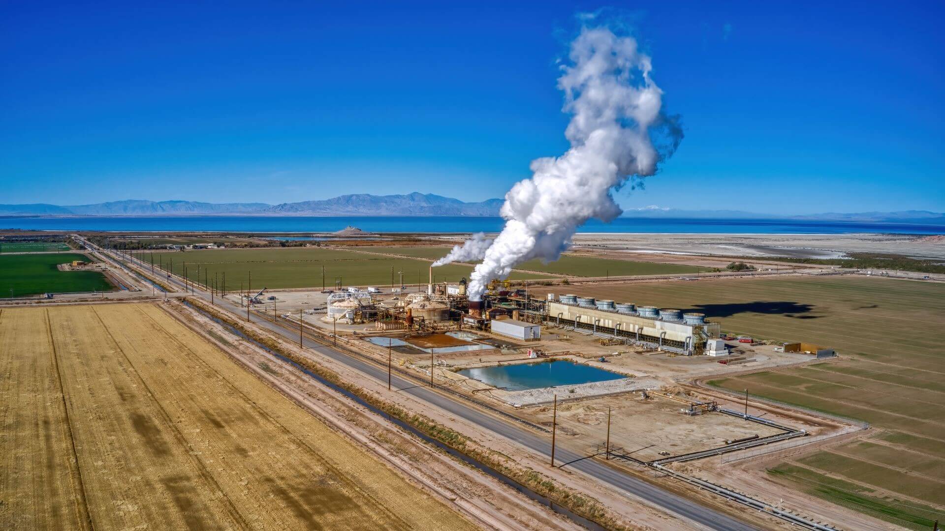 Aerial view of geothermal power plant in California, US