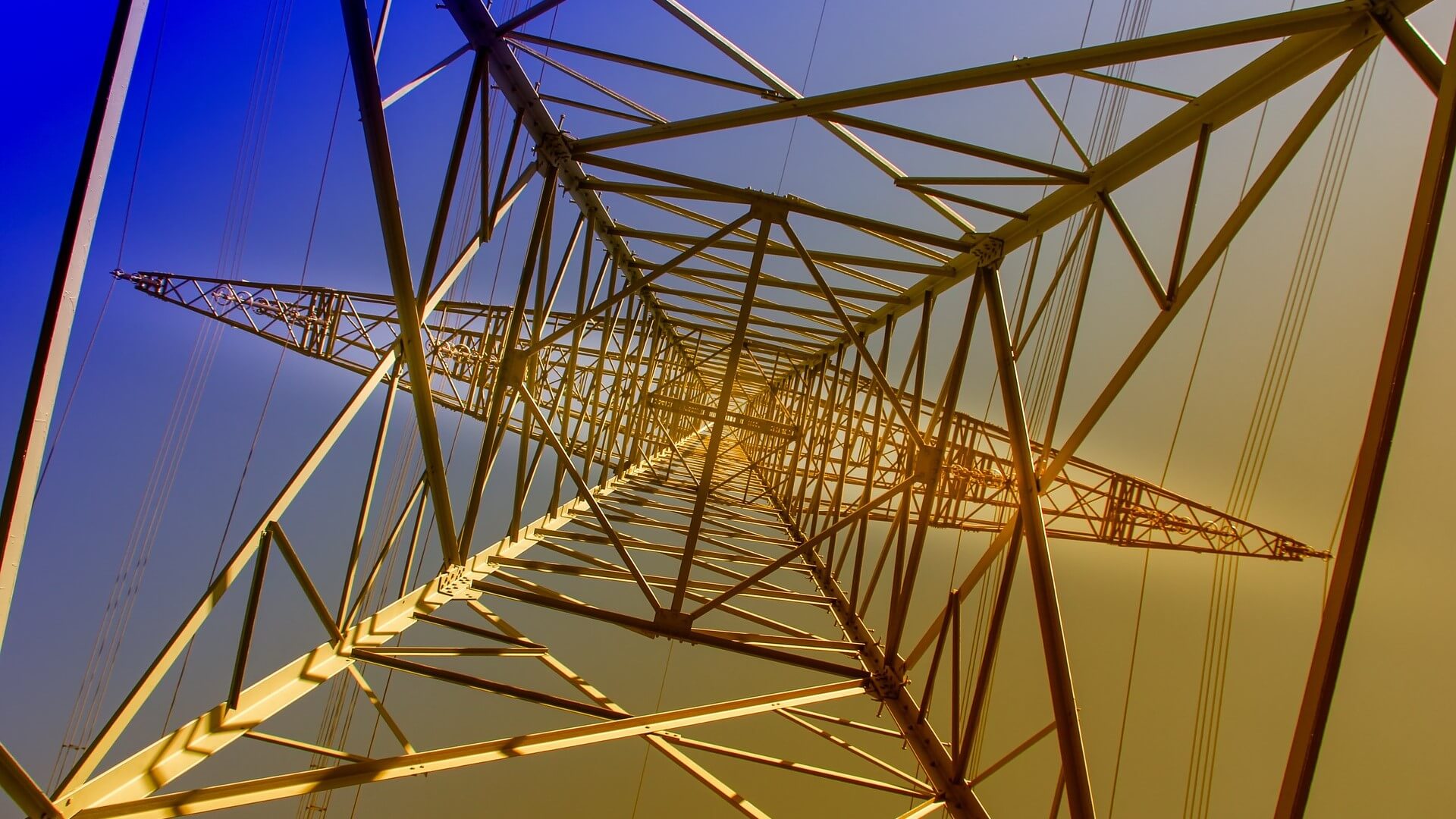 View looking up inside electricity pylon