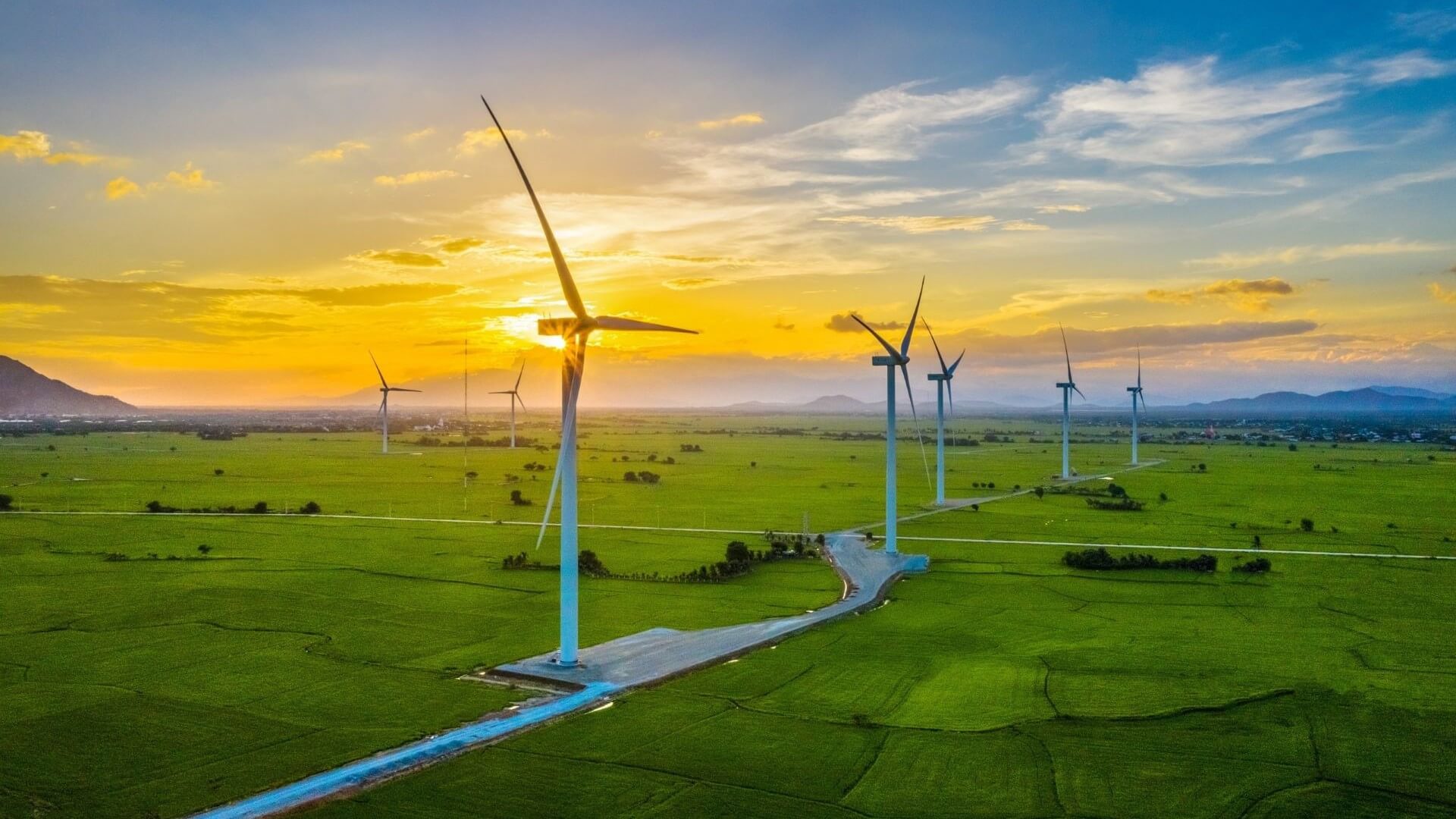 Hoa Thang wind farm, Vietnam at sunset