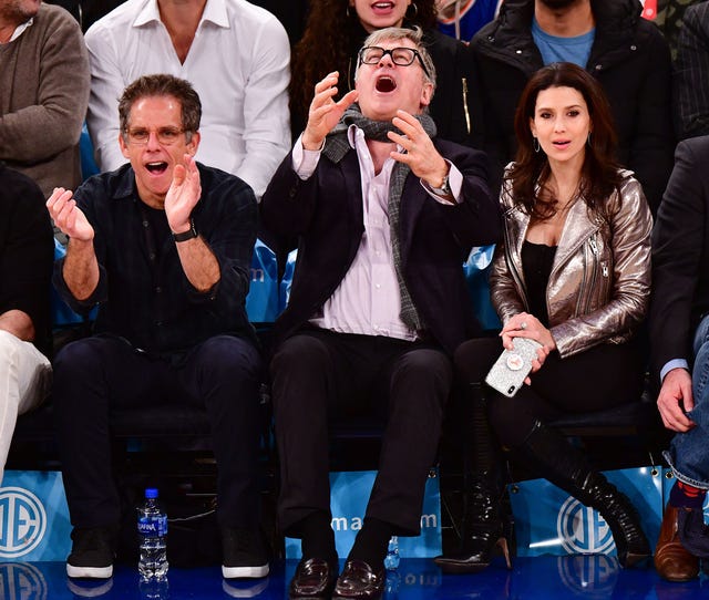 Ben Stiller, Alec Baldwin and Hilaria Baldwin at knicks game